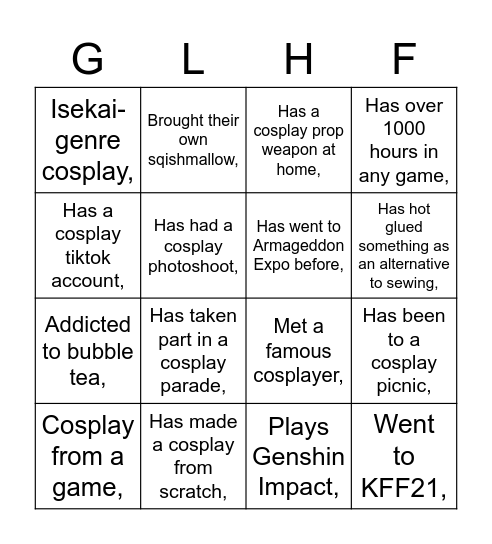 KFF just fandom things bingo Card