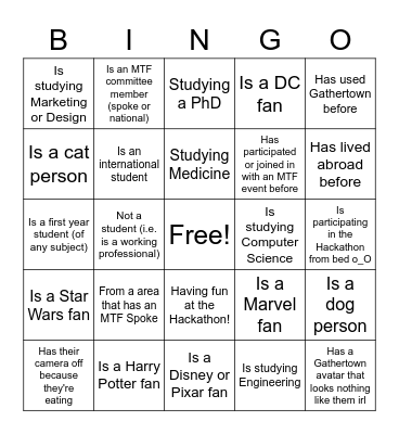 MTF Hackathon Bingo Card