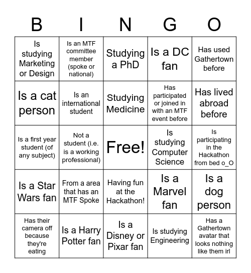 MTF Hackathon Bingo Card