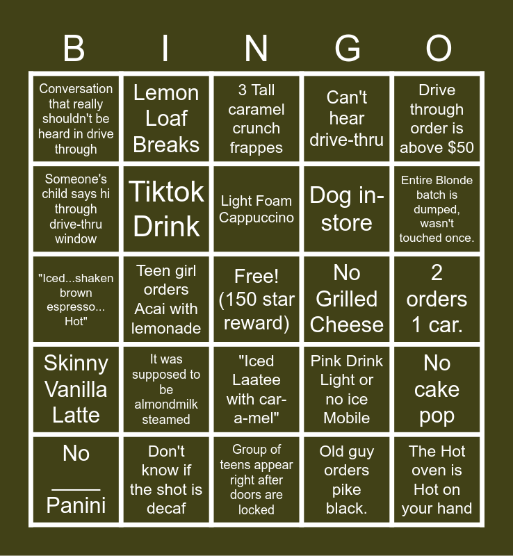 Starbucks Bingo Card