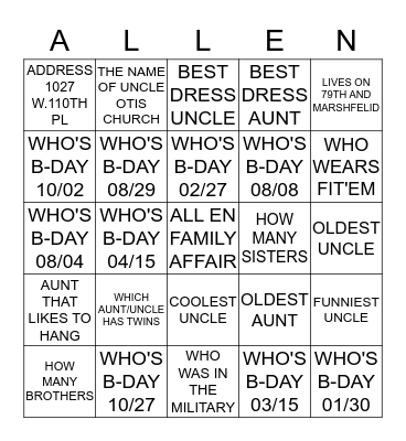 ALL EN FAMILY AFFAIR BINGO Card