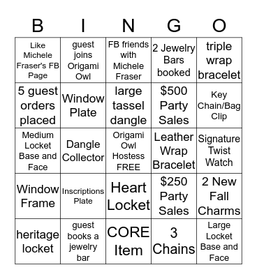 Origami Owl Hostess Bingo Card