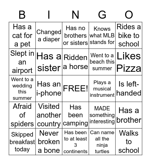 Get to know you BINGO Card