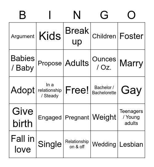 Relationship Status & Babies to Seniors Bingo Card