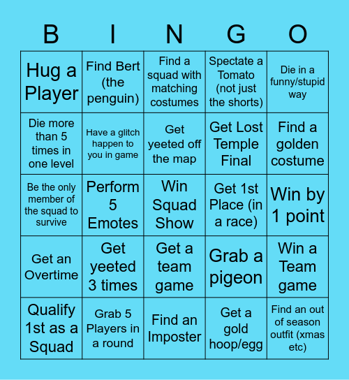 Fall Guys Bingo - Squad Mode Bingo Card