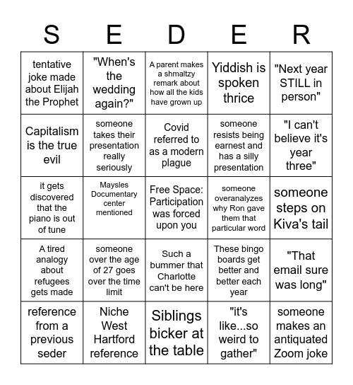 Passover 2022 Bingo Card