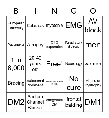 Myotonic Dystrophy Bingo Card