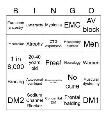 Myotonic Dystrophy Bingo Card