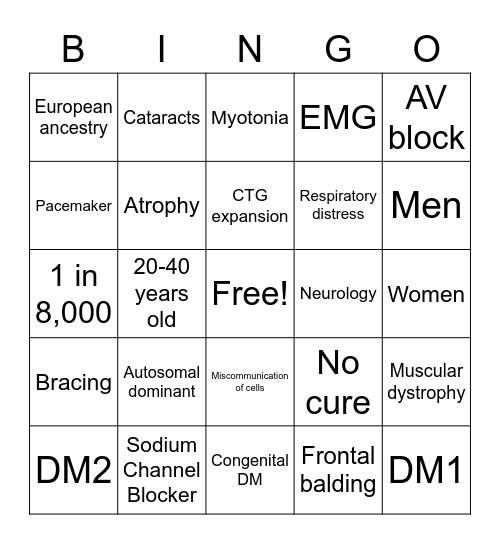Myotonic Dystrophy Bingo Card
