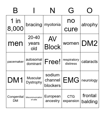Myotonic Dystrophy Bingo Card