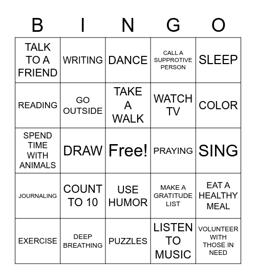 COPING SKILLS BINGO Card