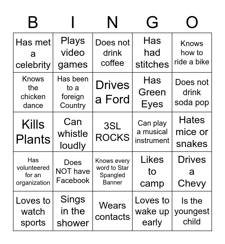 3SL TEAM BUILDING BINGO Card