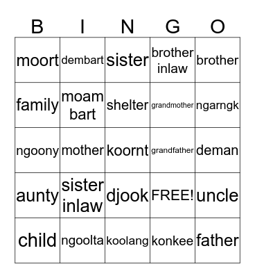 Aboriginal Families (Noongar Language) Bingo Card