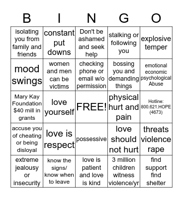 Don't Look Away - Domestic Violence Awareness Bingo Card