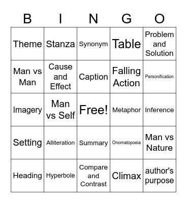 Reading Vocabulary Bingo Card