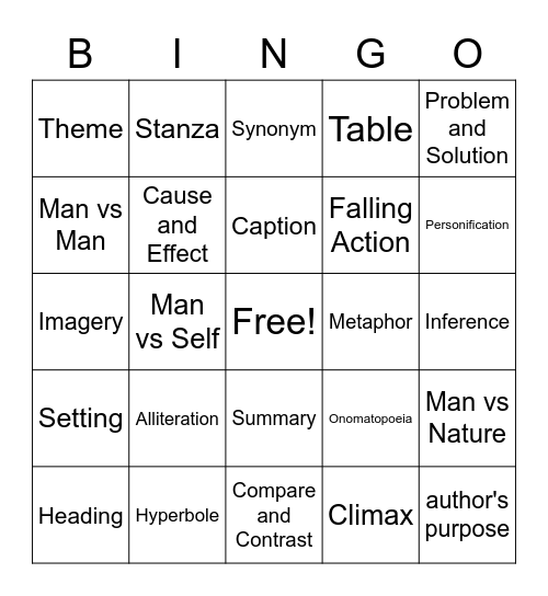 Reading Vocabulary Bingo Card