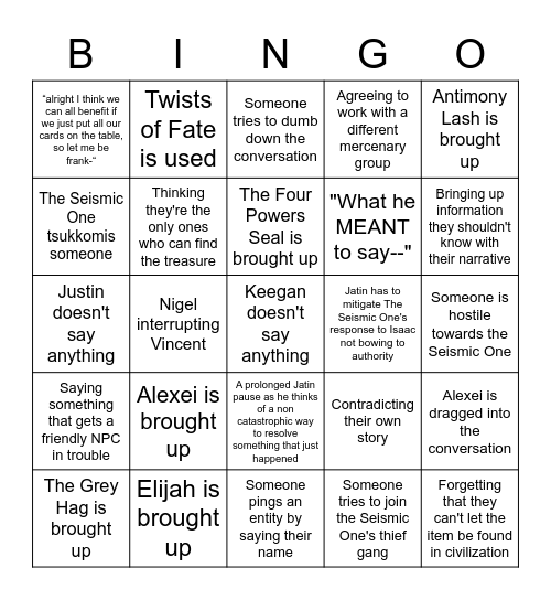 Seismic Bingo Card