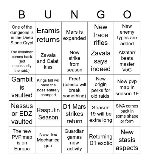 This year in destiny bingo (year 5) Bingo Card