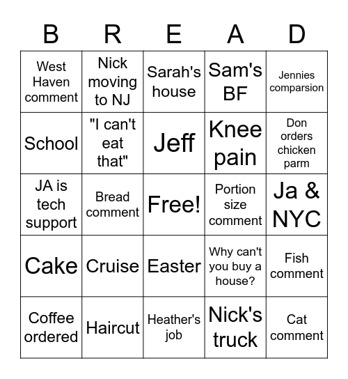 Sam's 21st Bingo Card