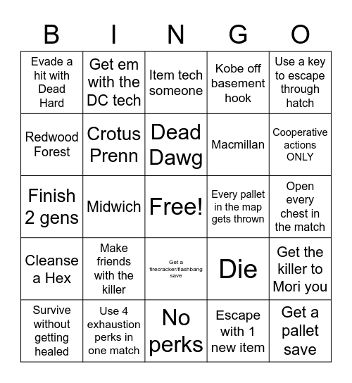 Dead by Dooflight Bingo Card