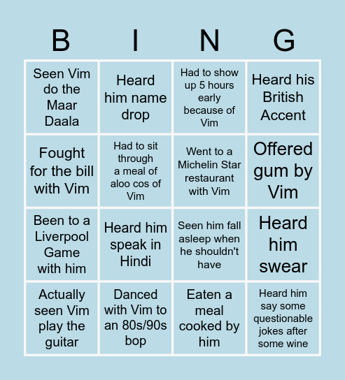 Vim's Birthday Bingo Card