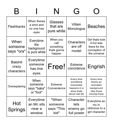 Anime Tropes Bingo Card