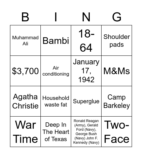 1942 Bingo Card