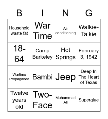 1942 Bingo Card