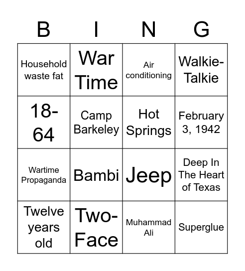 1942 Bingo Card