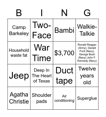 1942 Bingo Card