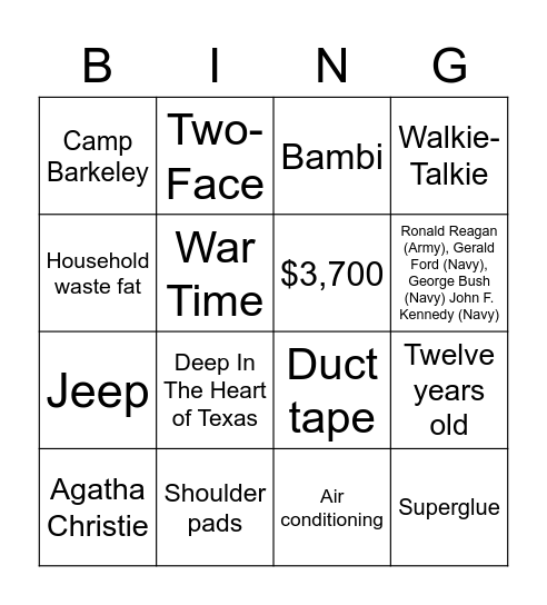 1942 Bingo Card
