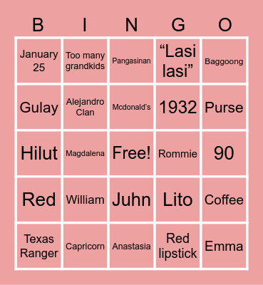 Nanay’s 90th Birthday Bingo Card