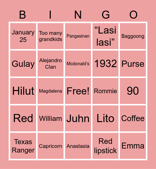 Nanay’s 90th Birthday Bingo Card