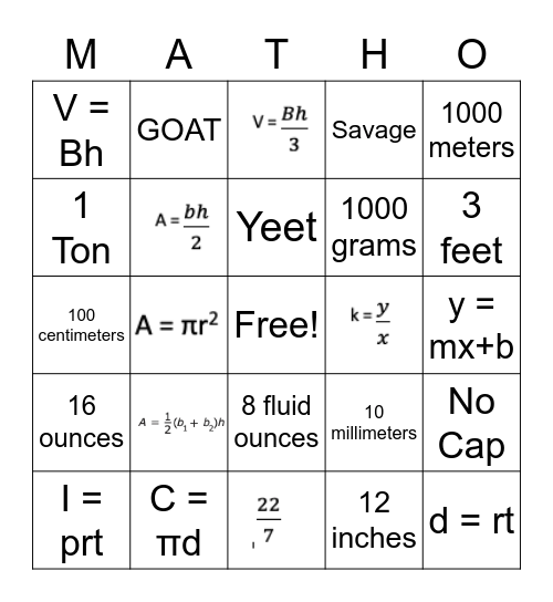 7th GRADE Math Reference Chart Bingo Card