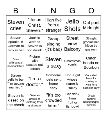 Steven's Big Day Bingo Card