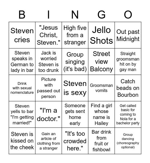 Steven's Big Day Bingo Card