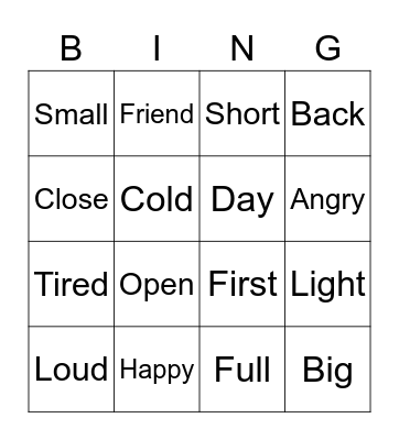 Synonym & Antonym Bingo Card