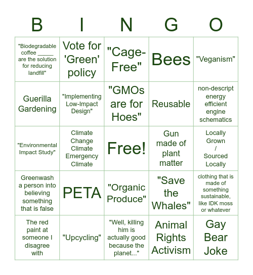 Eco-Terrorist Cookbook Bingo Card