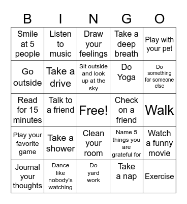 Yellow Ribbon Week Self Care Bingo Card