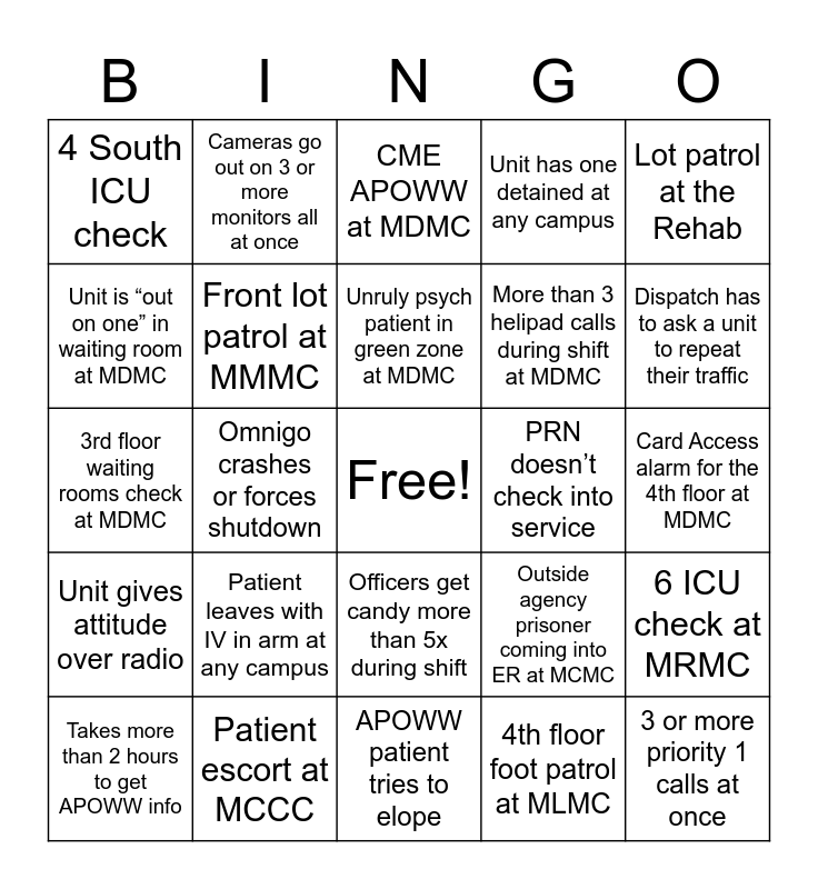 Dispatcher Bingo Card