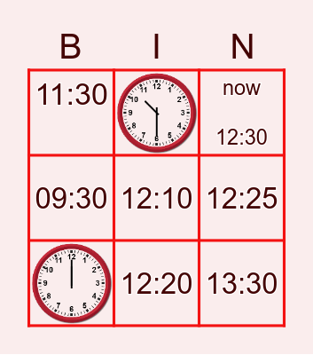 Time : minute&hour ago Bingo Card