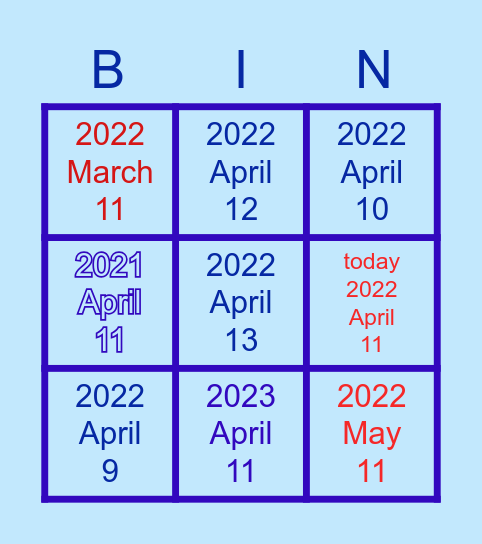 Time:yesterday Bingo Card