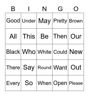 Sight Words Bingo Card