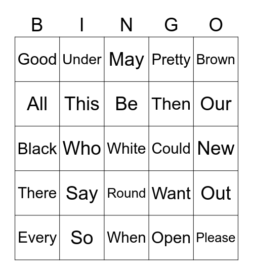 Sight Words Bingo Card