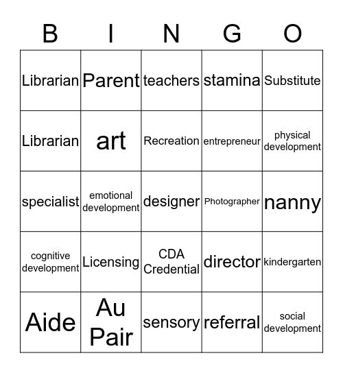 You: Working With Children Bingo Card
