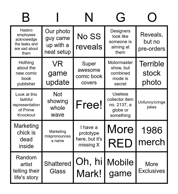 Transformers Fan First Tuesday Bingo Card