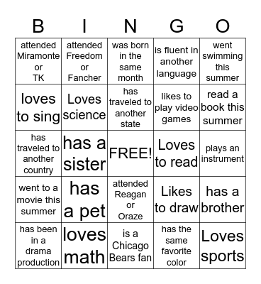 Find a classmate who.... Bingo Card