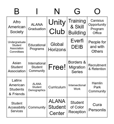 Diversity at Canisius: Engaging our Hearts & Minds Bingo Card