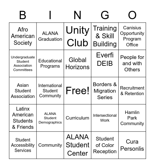 Diversity at Canisius: Engaging our Hearts & Minds Bingo Card