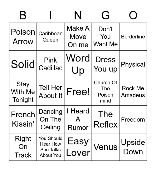 80's Hits Bingo Card